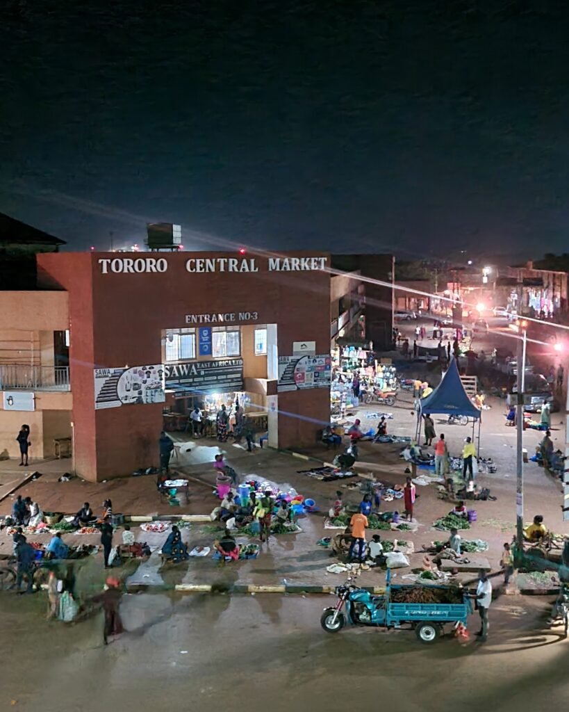 a group of people outside a market