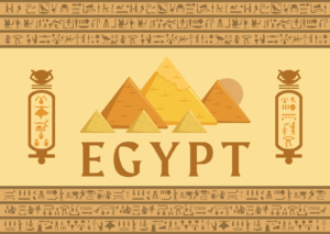 A stylized illustration featuring the pyramids of Egypt, surrounded by Egyptian hieroglyphs and symbols on a beige background.