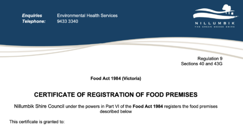 A copy of the Certificate of Registration of Food Premises for the Afrofeast food truck issue in 2014 from Nilumbik Shire