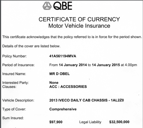 Afrofeast Food Truck Certificate of Currency from QBE, 2014 - Motor vehicle insurance